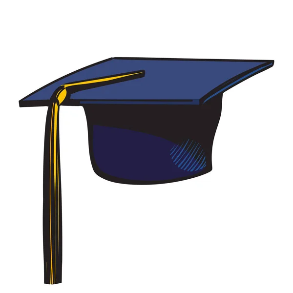 Boné de graduação com borla amarela. Esboço de chapéu acadêmico preto isolado em fundo branco. Vetor desenhado à mão . — Vetor de Stock