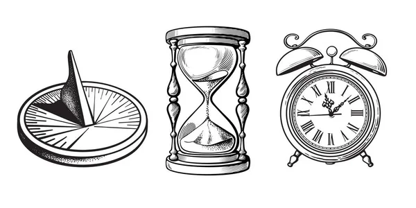 Set of different old clocks. Sundial, Hourglass, Alarm clock. Black and white hand drawn sketch vector. — Stock Vector