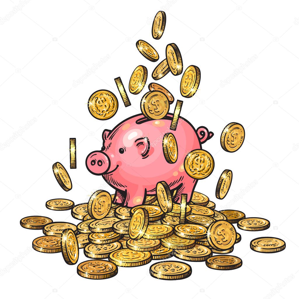 Cartoon piggy bank among falling coins on big pile of money. 2019 Chinese New Yea symbol. Hand drawn vector.