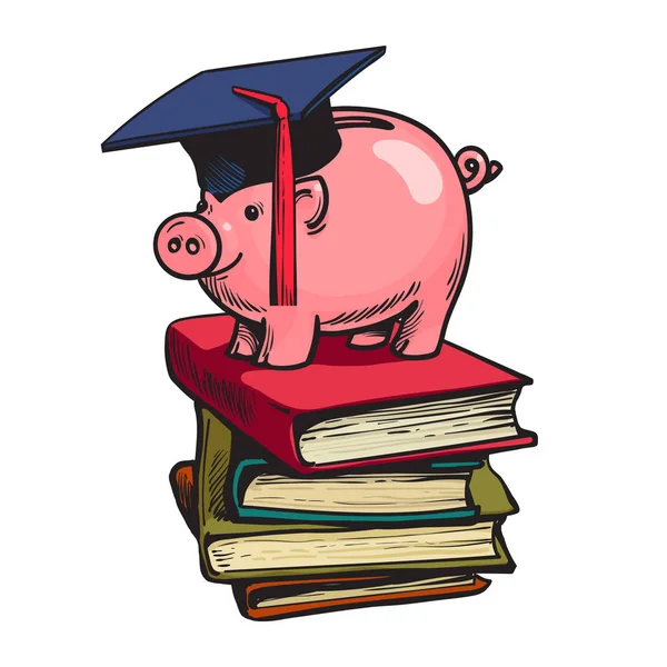 Piggy Bank em chapéu de graduação em pilha de livros. Plano de poupança para a educação, empréstimo estudantil, conceito de ajuda financeira. Desenho desenhado à mão — Fotografia de Stock