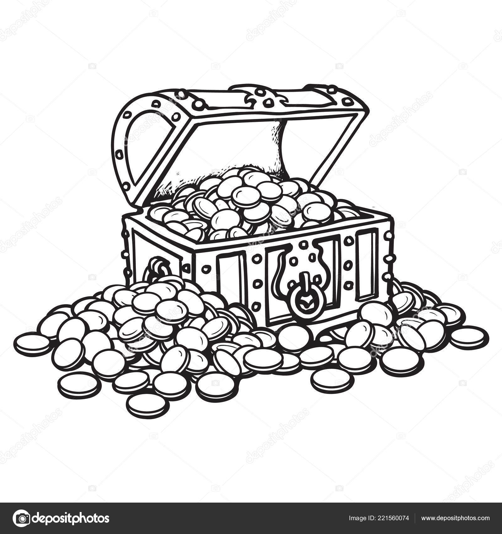 동전과 오래 된 가슴입니다. 주위 동전 더미 흑백 만화 스타일의 손으로 그린 벡터 일러스트 레이 션. 스톡 벡터 - ©UncleLeo  221560074, image size:1600x1700