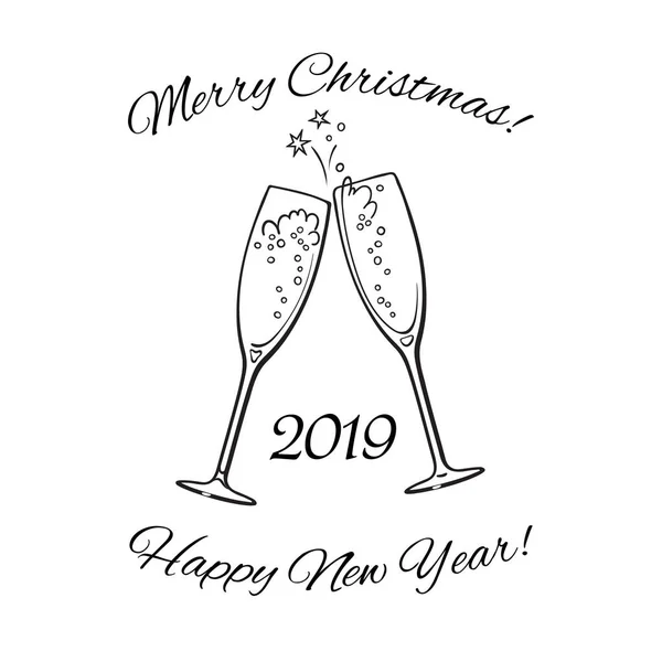 Due bicchieri di champagne. 2019 Buon Natale e felice anno nuovo testo. Illustrazione del vettore disegnato a mano . — Vettoriale Stock