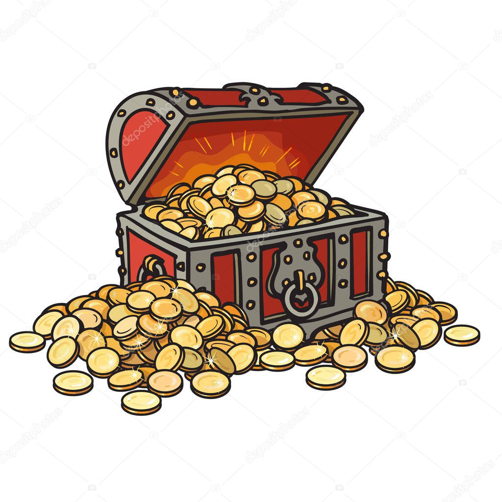 Old chest with gold coins. Piles of coins around. Cartoon style hand drawn vector illustration.