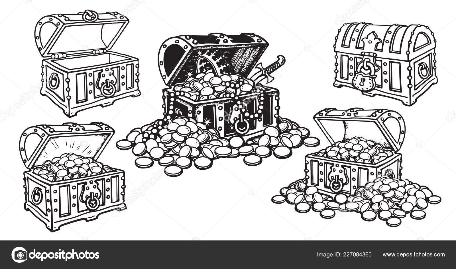 金のコイン 木製の胸 バレル お金の剣と頭蓋骨の山とファンタジートレジャー洞窟 漫画海賊財務ベクトルの背景 イラスト漫画スタイル  古いアンティークで接ぎ木 ストックベクター ©ValeriHadeev 654045844, image size:1600x942