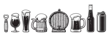 Bira nesneleri kümesi. Şişe açacağı, Gözlük, eski ahşap kupa, varil, olabilir. Vektör çizim.