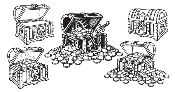 Set di forzieri dei pirati in stile schizzo aperti e chiusi, vuoti e pieni di monete d'oro e gioielli. vettore disegnato a mano . — Vettoriale Stock