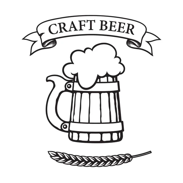 Oude houten Bierpul met schuim. Vintage vaandel met tekst Craft Beer en oor van gerst. Hand getekende vectorillustratie. — Stockvector
