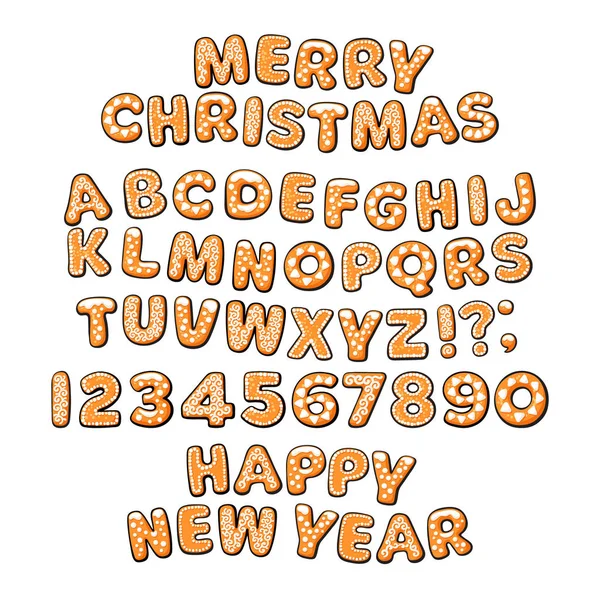 Gingerbread koekjes alfabet. Prettige kerstdagen en gelukkig Nieuwjaar tekst. Cartoon letters en cijfers. Hand getekende vectorillustratie. — Stockvector