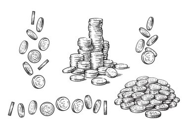 Paralar kroki tarzı farklı pozisyonlarda kümesi. Düşen dolar, para yığını, para yığını. Beyaz arka plan üzerinde izole elle çizilmiş vektör toplama.