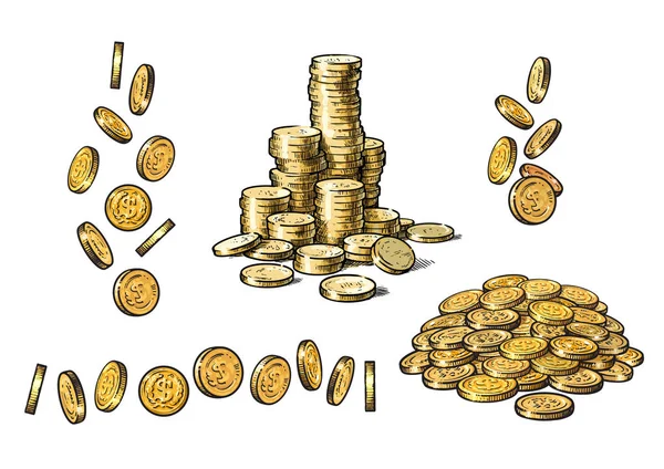 Set de monedas de oro en diferentes posiciones en estilo sketch. Dólares caídos, montones de dinero, montones de dinero. Vector . — Archivo Imágenes Vectoriales