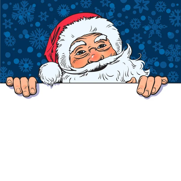 Cartoon Santa Claus bedrijf leeg bord met plaats voor tekst. Schets stijl hand getekend vectorillustratie. — Stockvector