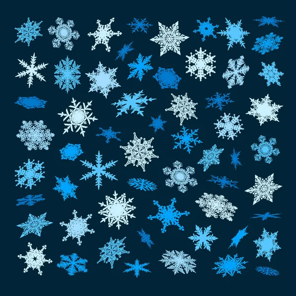 다른 관점, 각도, 방향 어두운 배경에 고립에 빠지는 파란색 눈송이의 세트. 크리스마스, 새 해, 겨울 눈 컬렉션입니다. 벡터. — 스톡 벡터