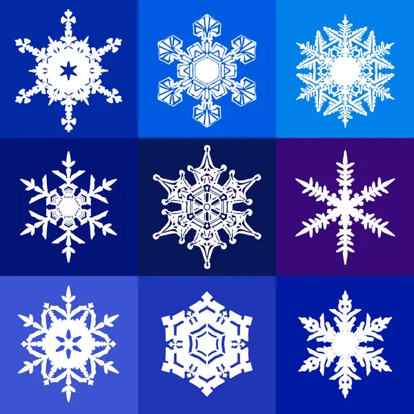Collection of white snowflakes isolated on blue, violet and purple background. Snow icons. Vector. — Stock Vector