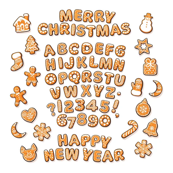 Kerstmis en Nieuwjaar tekst, peperkoek alfabet en leuke traditionele vakantie cookies. Suiker coating letters en cijfers. Cartoon hand getekend vectorillustratie. — Stockvector