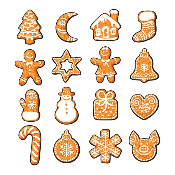 Conjunto de biscoitos de Natal de gengibre bonito. Ilustração vetorial desenhada à mão . — Vetor de Stock
