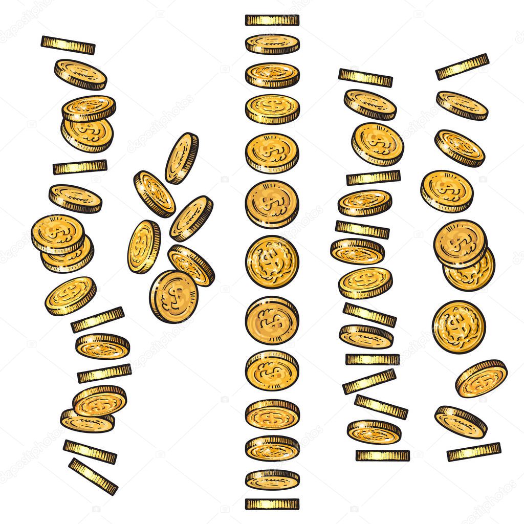 Set of gold coins falling in different perspective, angles, directions in sketch style. Dropping dollars, pile of cash, stack of money. Hand drawn isolated vector.