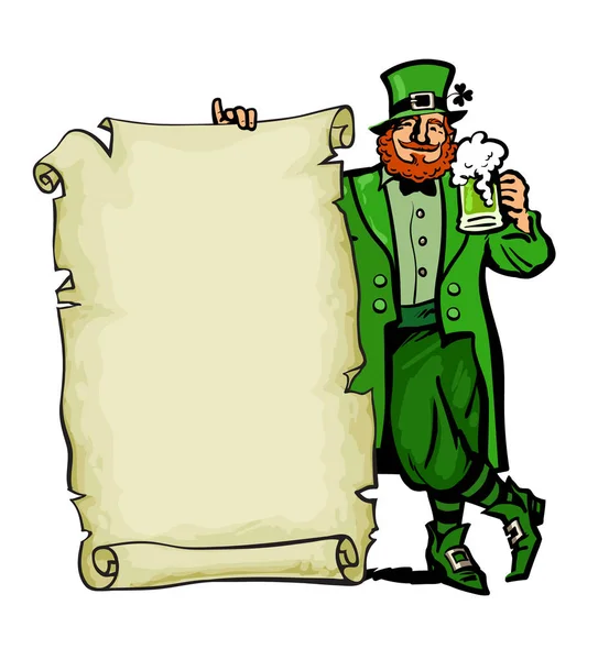 Bonne affiche de la St Patricks Day. Caractère lutin tenant traditionnelle tasse de bière verte froide et vieux rouleau de papier avec espace vide pour le texte. Illustration vectorielle dessinée main . — Image vectorielle