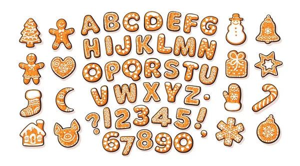 Kerstmis en Nieuwjaar peperkoek alfabet en leuke traditionele vakantie cookies. Suiker coating letters en cijfers. Cartoon hand getekend vectorillustratie. — Stockvector