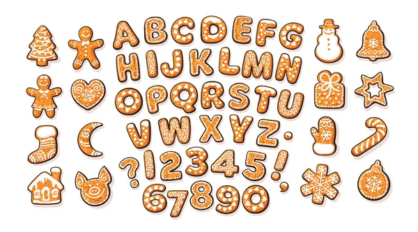 Noel ve yeni yıl gingerbread alfabesi ve sevimli geleneksel tatil kurabiyeler. Şeker kaplı harfler ve sayılar. Vektör çizim karikatür el çekilmiş.