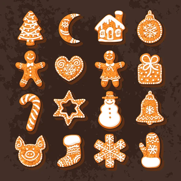 Set di biscotti di Natale di pan di zenzero tradizionale carino. Illustrazione vettoriale disegnata a mano isolata su sfondo cioccolato . — Vettoriale Stock