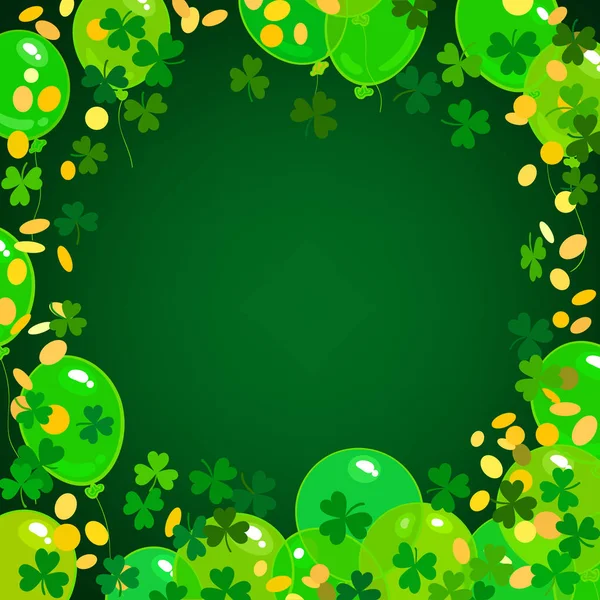 St Patricks Day background. Des ballons verts, des feuilles de trèfle trèfle et des pièces d'or sur fond vert foncé. Vecteur . — Image vectorielle