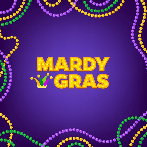 Mardi Gras fondo de carnaval con marco de cuentas de colores. Texto con sombrero bufones. Ilustración vectorial Aislado en púrpura . — Vector de stock