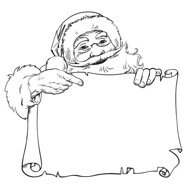 卡通圣诞老人指向空白, 空卷轴与地方为文本。从旧纸后面偷看的复古圣诞老人。圣诞节, 新年设计。素描风格手绘向量. — 图库矢量图片