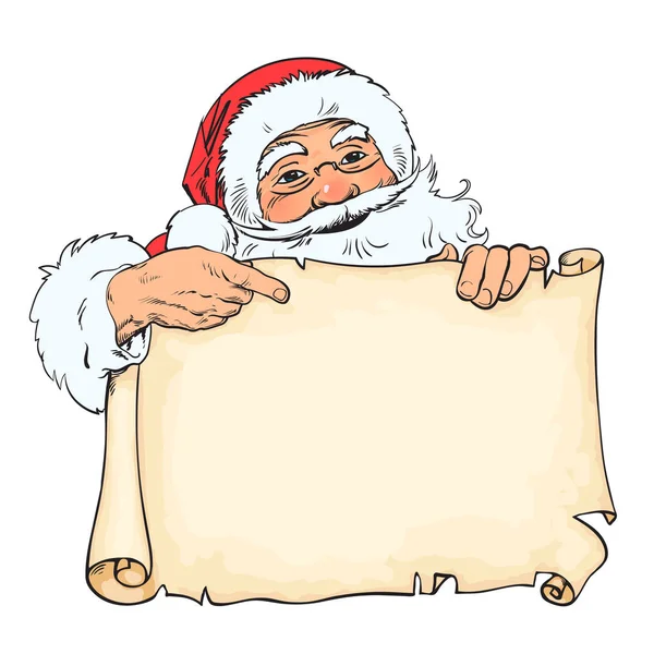 Cartone animato Babbo Natale puntando a vuoto, scorrimento vuoto con posto per il testo. Babbo Natale vintage che sbircia da dietro la vecchia carta. Natale, nuovo design dell'anno. Vettore disegnato a mano in stile schizzo . — Vettoriale Stock