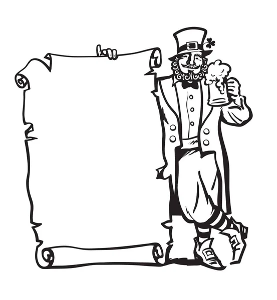 Feliz cartaz do dia de St. Patricks. Personagem de duende segurando caneca de cerveja e rolo de papel antigo com espaço vazio para texto. Esboço preto e branco. Vetor desenhado à mão isolado . —  Vetores de Stock