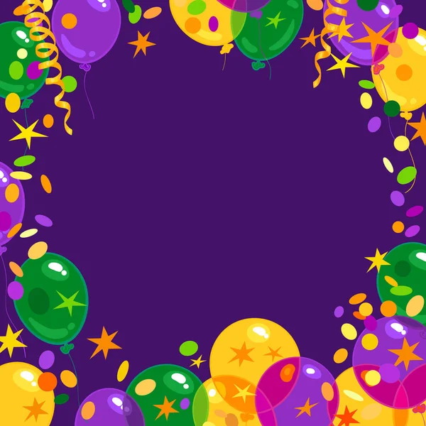 Mardi Gras carnival background with colorfull flying balloons, confetti, serpentine frame with place for text. Isolated vector illustration. — Stock Vector