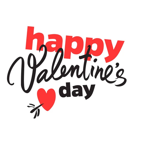 Feliz día de San Valentín escrito a mano. Texto caligráfico negro con corazón rojo perforado por flecha aislada sobre fondo blanco. Tipografía de las fiestas de San Valentín. Vector . — Vector de stock