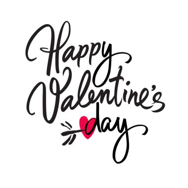 Mutlu sevgililer günü el yazısıyla yazılmış yazı. Beyaz arka plan üzerinde izole bir ok ile siyah kaligrafi metin kırmızı kalp ile deldi. Sevgililer günü tatil tipografi. Vektör.