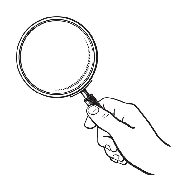 Hand holding magnifying glass. Search and analysis concept. Black and white sketch. Hand drawn vector illustration isolated on white. — Stock Vector