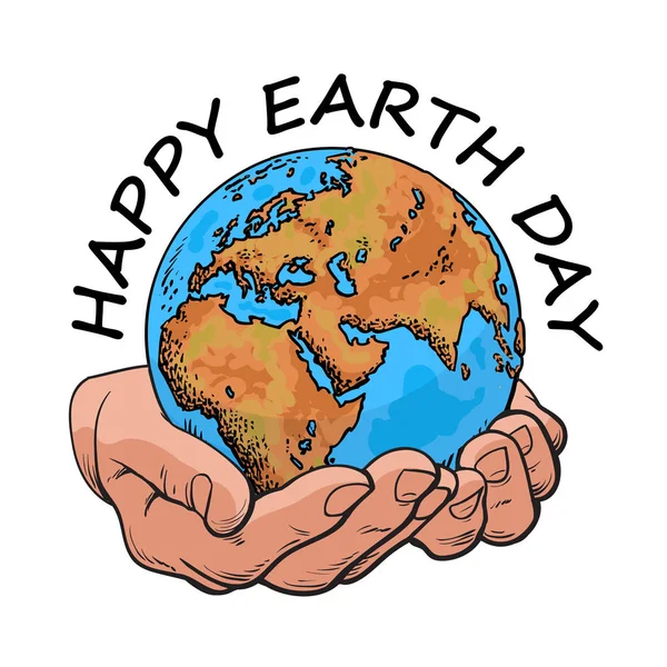 Happy Earth Day Typografie. Globus in Händen. Zwei Handflächen halten die Erde. Umweltkonzept. Handgezeichnete Zeichentrickvektorillustration im Skizzenstil isoliert in weiß. — Stockvektor