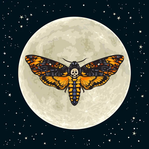 死は、満月の背景にスズメガを頭します。ハロウィーンの装飾。タトゥーの頭蓋骨の蛾の蝶のデザイン、t シャツを印刷します。分離された手描きのベクトル図. — ストックベクタ