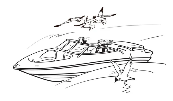 Junges Paar, Mann und Frau, im Speed-Motorboot zwischen fliegenden Möwen. Junge und Mädchen im Sommerurlaub. Skizze Stil handgezeichnete Vektor-Illustration. — Stockvektor