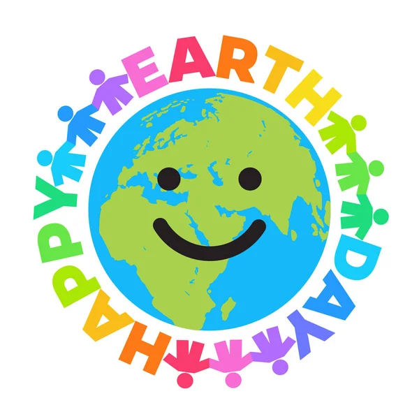 Happy Earth Day-Plakat. Heller Grußtext rund um den lächelnden Cartoon-Globus. Glückliche süße lustige Erde-Emojis. Vektorillustration. — Stockvektor