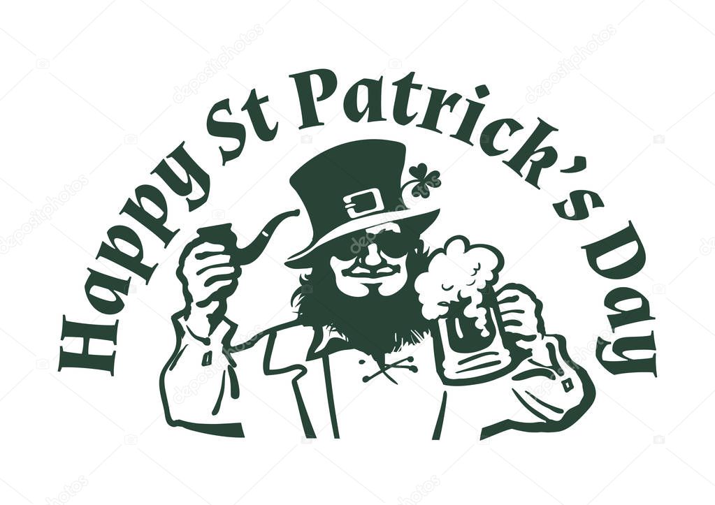 Happy St Patricks Day poster. Leprechaun character in traditional Irish costume and sunglasses with beer mug and pipe. Hand drawn vector illustration.