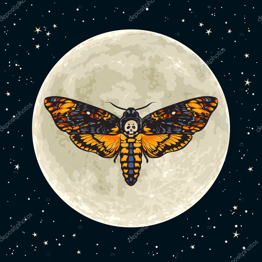 Deaths Head Hawkmoth On The Full Moon Background Halloween Decoration Skull Moth Butterfly Design For Tattoo T Shirt Print Poster Hand Drawn Vector Illustration Isolated Premium Vector In Adobe Illustrator Ai