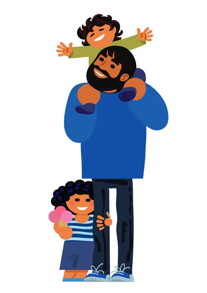 散歩に連れの父。幸せな家族の概念。お父さんは彼の肩に彼の小さな息子の一人を運んでいる、他の息子はアイスを持って、笑っています。漫画のベクトル イラスト. — ストックベクタ