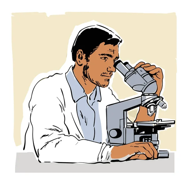 Schizzo di giovane scienziato che guarda attraverso il microscopio. Illustrazione vettoriale . — Vettoriale Stock