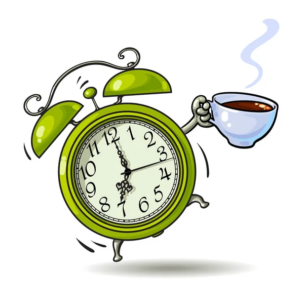 Reloj despertador verde de dibujos animados con taza de café sonando. Hora de despertarse. Estilo de boceto ilustración vectorial dibujado a mano . — Vector de stock