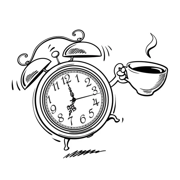 Reloj despertador de dibujos animados con taza de café sonando. Hora de despertar. Esbozo en blanco y negro. Ilustración vectorial dibujada a mano . — Vector de stock