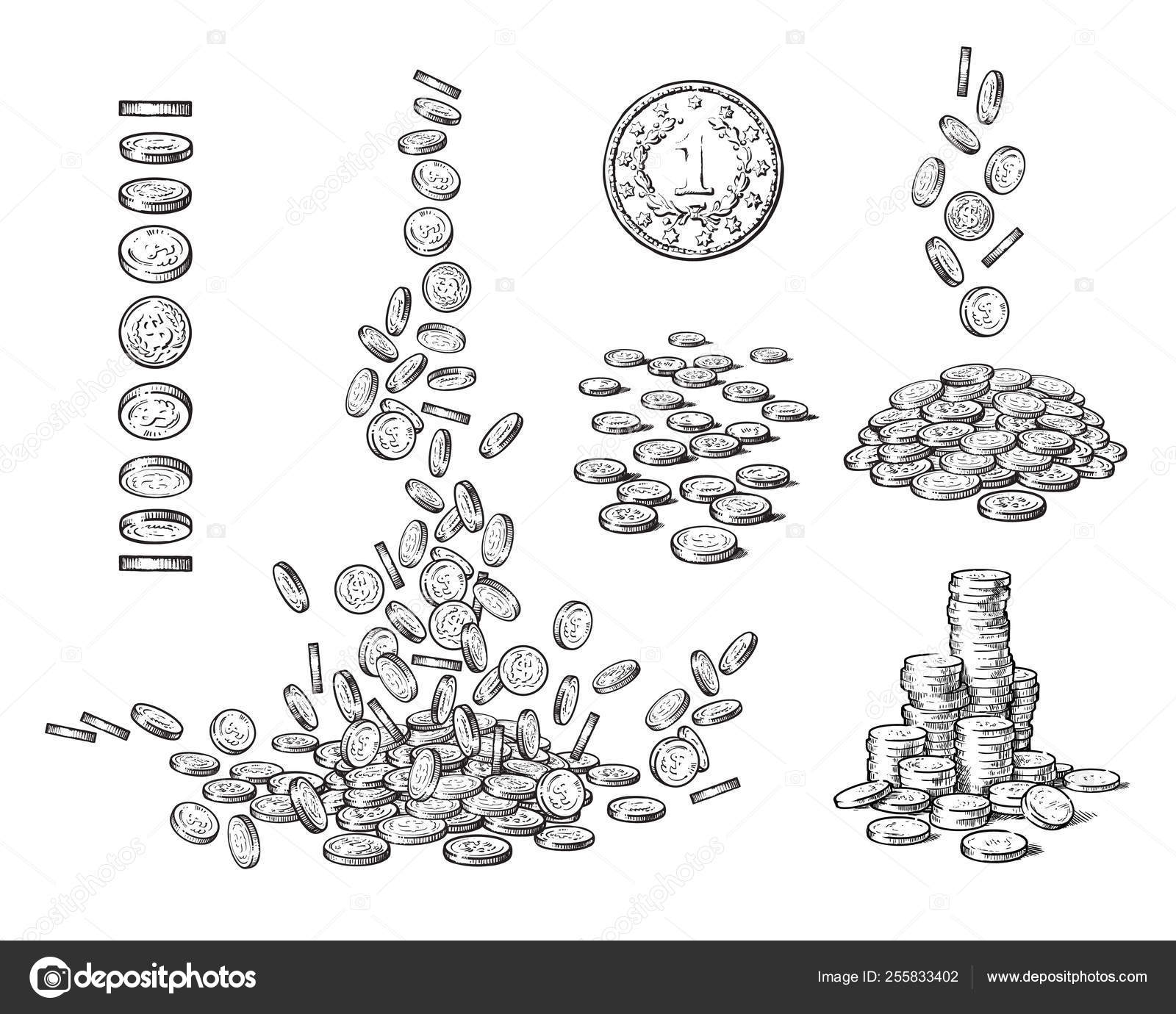 Skizze von Münzen in verschiedenen Positionen. alte Münze, fallende  Dollars, Haufen Bargeld, Geldstapel. schwarz-weiße Vektor-Illustration auf  weißem Hintergrund. Stock-Vektorbild von ©UncleLeo 255833402, image size:1600x1380