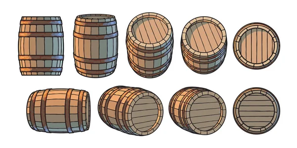 Sada dřevěných sudů na různých místech. Pohled zepředu a Side, v různých úhlech vektorová ilustrace izolované na bílém. — Stockový vektor