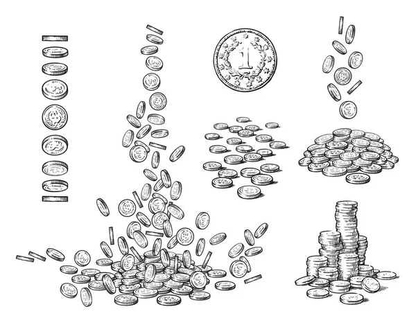 Sada mincí na různých pozicích. Stará mince, padající dolary, hromada peněz, balík prachů. Černá a bílá ruka vykreslena jako vektorová ilustrace na bílém pozadí. — Stockový vektor