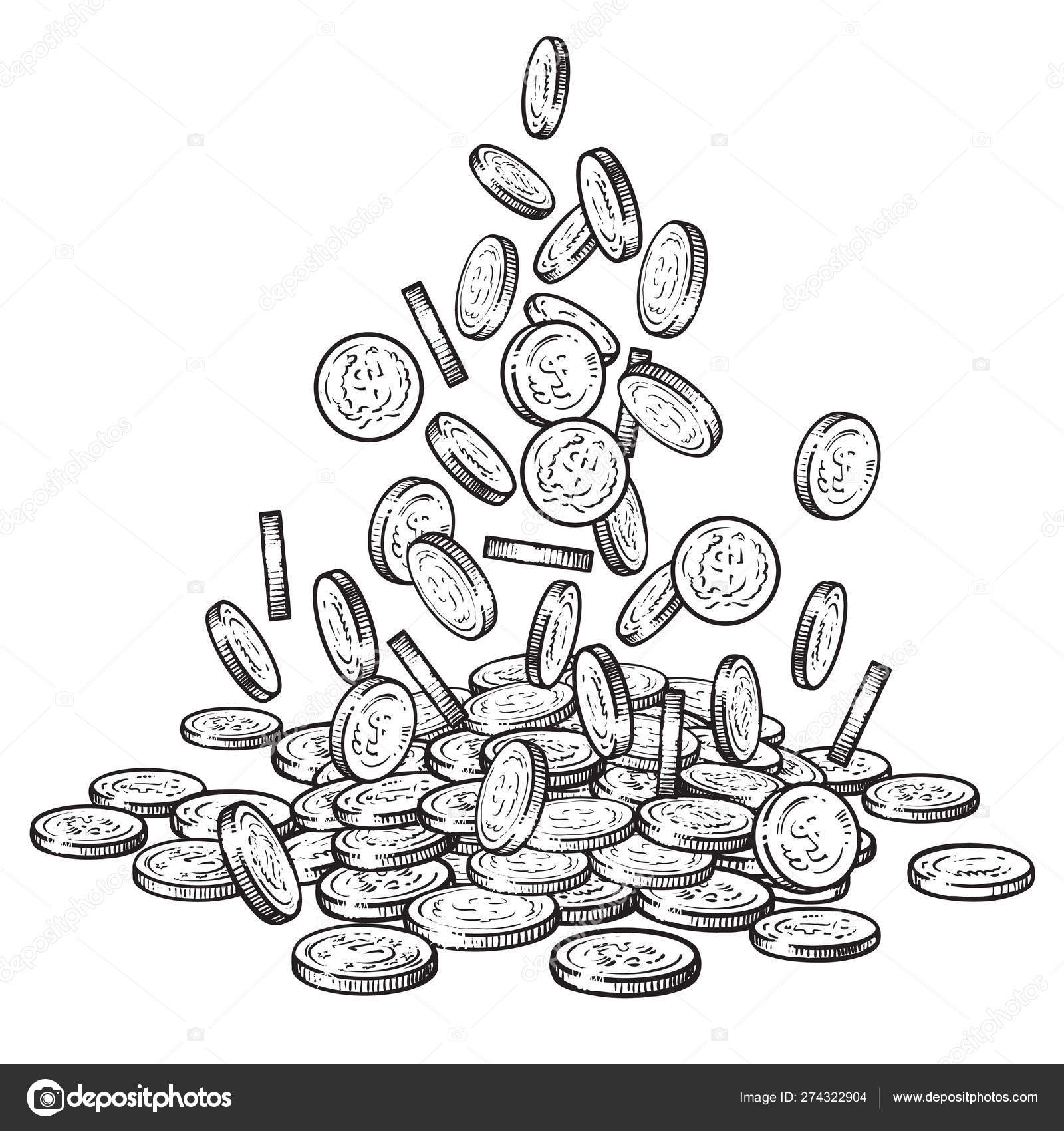 Skizze fallender Münzen in verschiedenen Positionen, großer Haufen Bargeld,  viel Geld. Schwarz-weiße Vektor-Illustration auf Weiß Stock-Vektorbild von  ©UncleLeo 274322904, image size:1600x1700
