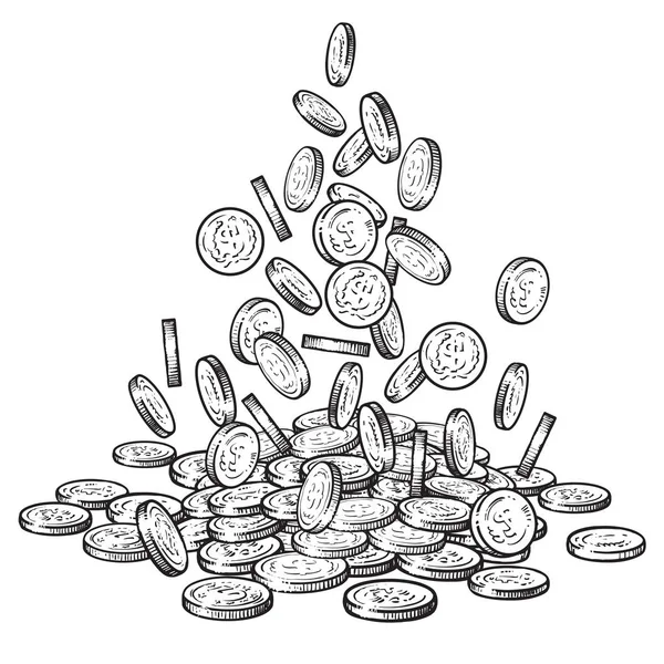 Bosquejo de monedas cayendo en diferentes posiciones, gran pila de dinero en efectivo, un montón de dinero. Ilustración vectorial dibujada a mano en blanco y negro — Archivo Imágenes Vectoriales