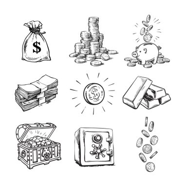 Çizim stili finans para seti. Dolar çuval, sikke yığını, dolar işareti ile sikke, hazine sandığı, kağıt para, düşen paralar, banka güvenli, kumbara, altın çubuklar. Vektör Illustration.