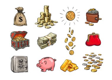 Karikatür finans para seti. Dolar çuvalı, bozuk para yığını, dolar işareti ile sikke, hazine sandığı, banknot yığını, düşen sikkeler, banka kasası, kumbara, altın külçeler, cüzdan, cüzdan.